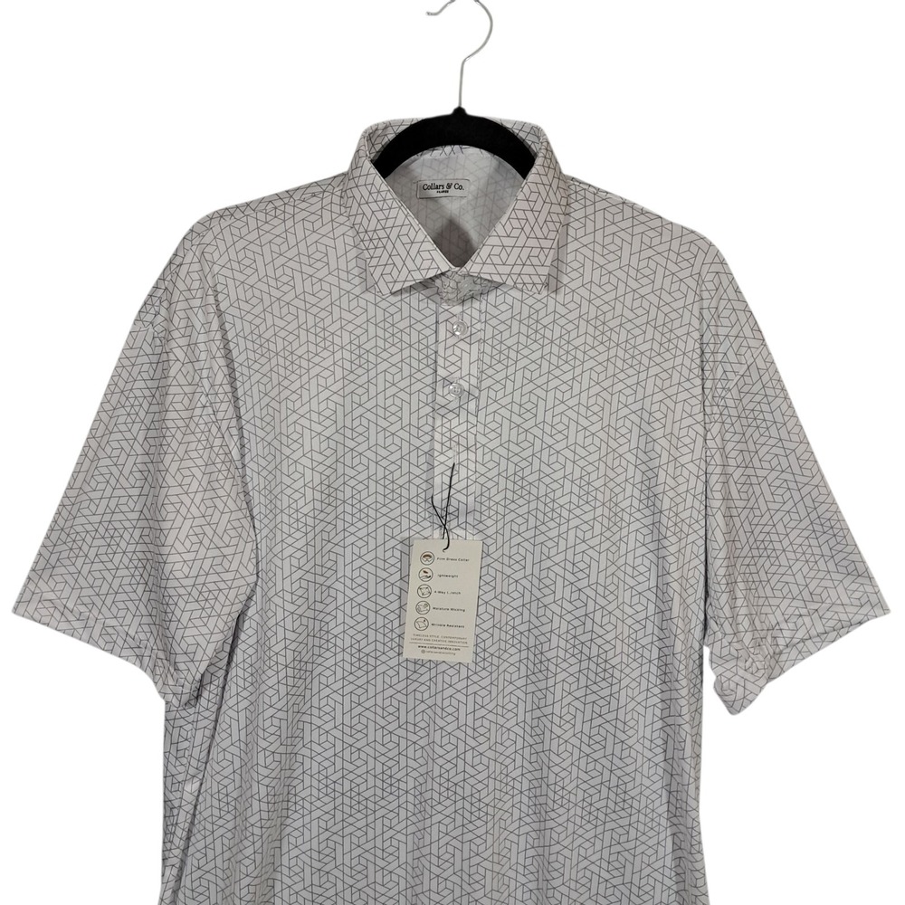 Collars & Co Mens Semi Spread Collar Polo Shirt XL White Geometric Short‎ Sleeve - Picture 4 of 15